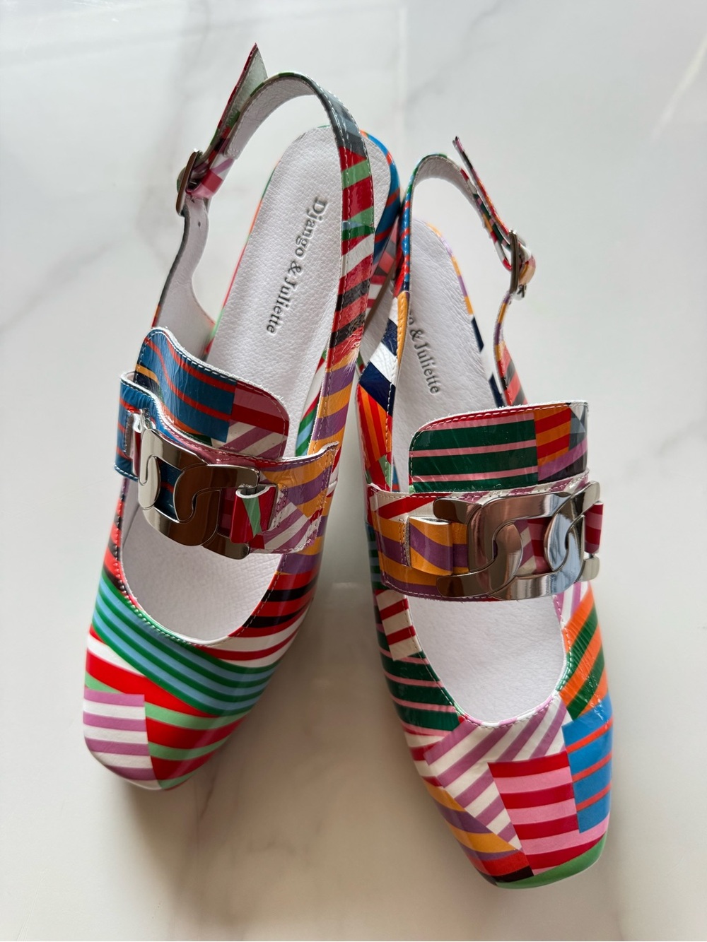 Django & Juliette striped leather slingback heels size 41 statement